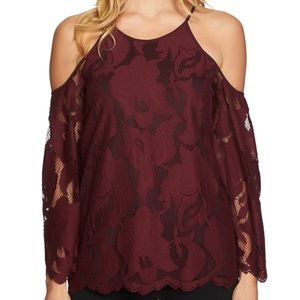 1. State Size Small Maroon Lace Cold Shoulder Top